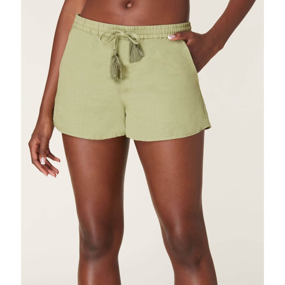 Andie Swim The Graciosa Short Women's XL Ivy Green Linen Blend Tassel Ties NWT - Picture 1 of 16
